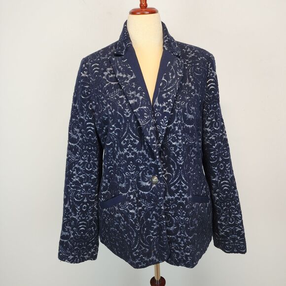 Cabi Filigree Jacquard Blazer Coat Size 12 Blue Wool Blend Lined Darted Waist - Picture 3 of 16